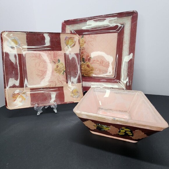 Handmade Unique Mod Podge Glass Plates and Bowl Set Maroon & Roses Design - Picture 3 of 6